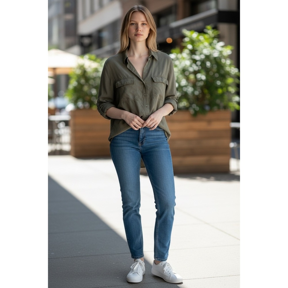 Babaton‎ Aritzia Olive Green Utility Button Down Shirt Roll Tab Sleeve XS